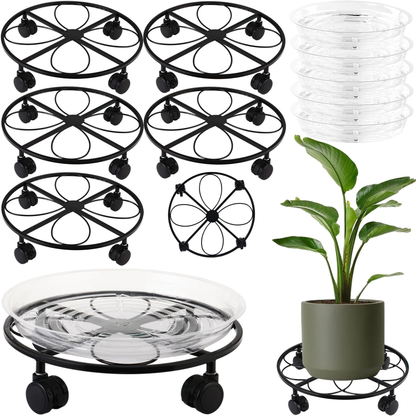 DEELF OUTLET 5 Packs 12 inches Large Metal Plant Caddy with Wheels Round Planter Dolly Pot Mover Rollers Wrought Iron Rolling Plant Stands Indoor Outdoor Wheeled Plant Holder Coaster Trolley, Black
