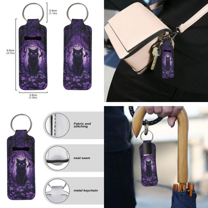 Suobstales Cat Bat Maple Leaves Print Travel Keychain Holders Kits, Halloween Decor Travel Bottle Chapstick Lanyard Keychain Holders Set Neoprene Balm Holders Pouch Makeup Storage Organizer, Set of 3
