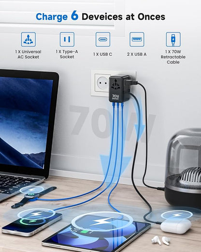 DOACE 70W Universal Travel Adapter, 6-in-1 International Plug with Built-in USB-C Cable, PD Fast Charging Worldwide Wall Charger for EU/UK/US/AU