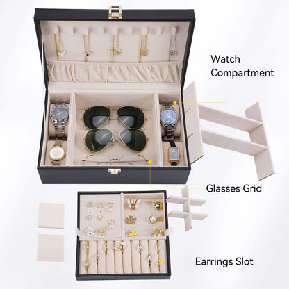 LANDICI Jewelry Box Organizer for Men Women, 2 Layer 4 Slot Watch Storage Case with Removable Tray, PU Leather Large Jewellery Holder Display for Watches Sunglasses Rings Earrings Necklace, Black