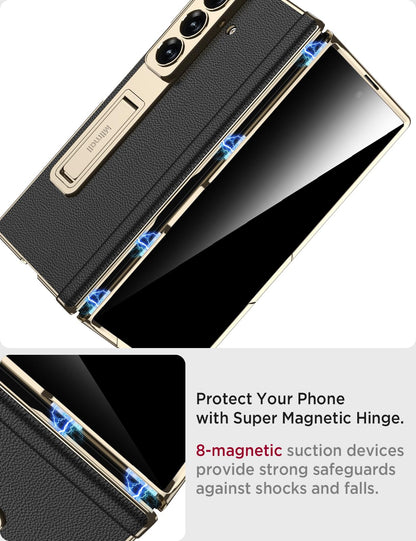 Miimall Leather Case for Samsung Galaxy Z Fold 7 with Stand,[Built-in Privacy Screen Protector and Magnetic Hinge Protection][Wireless Charging] Sturdy Luxury Bumper Cover for ZFold 7 Case Gold Black