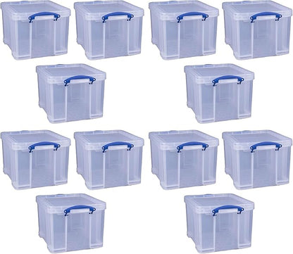 Really Useful Box 32 Liters Storage Bin Container with Snap Lid and Clip Lock Handles for Lidded Home and Office Storage Organization, 12 Pack