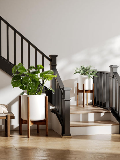 LE TAUCI 12 Inch Planter with Acacia Wood Stand, Large Ceramic Indoor Plant Pot with Drainage Hole & Plug, Mid Century Modern Plant Holder for Fiddle Leaf Fig, Monstera, Snake Plant, White