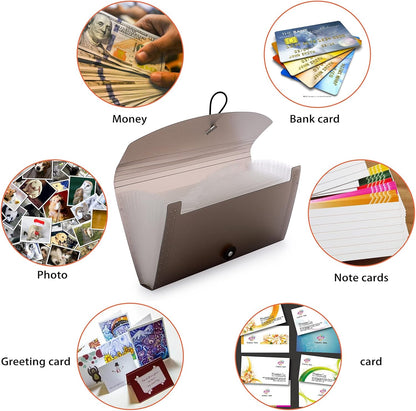 BTSKY Expanding Accordion File 13 Pockets Small Card Ticket Holder Storage Folder Check Bill Plastic Wallet Case (Coffee Translucent)