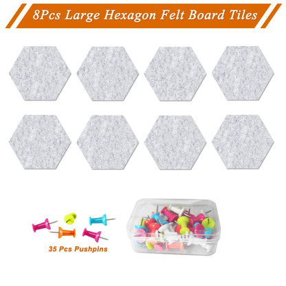 HULAVO Large Hexagon Felt Cork Board Tiles, Self Adhesive DIY Felt Bulletin Board Pin Board with 35 Pushpins for Office School Home Wall Decor Stickers Memos Photos Display(Light Grey)