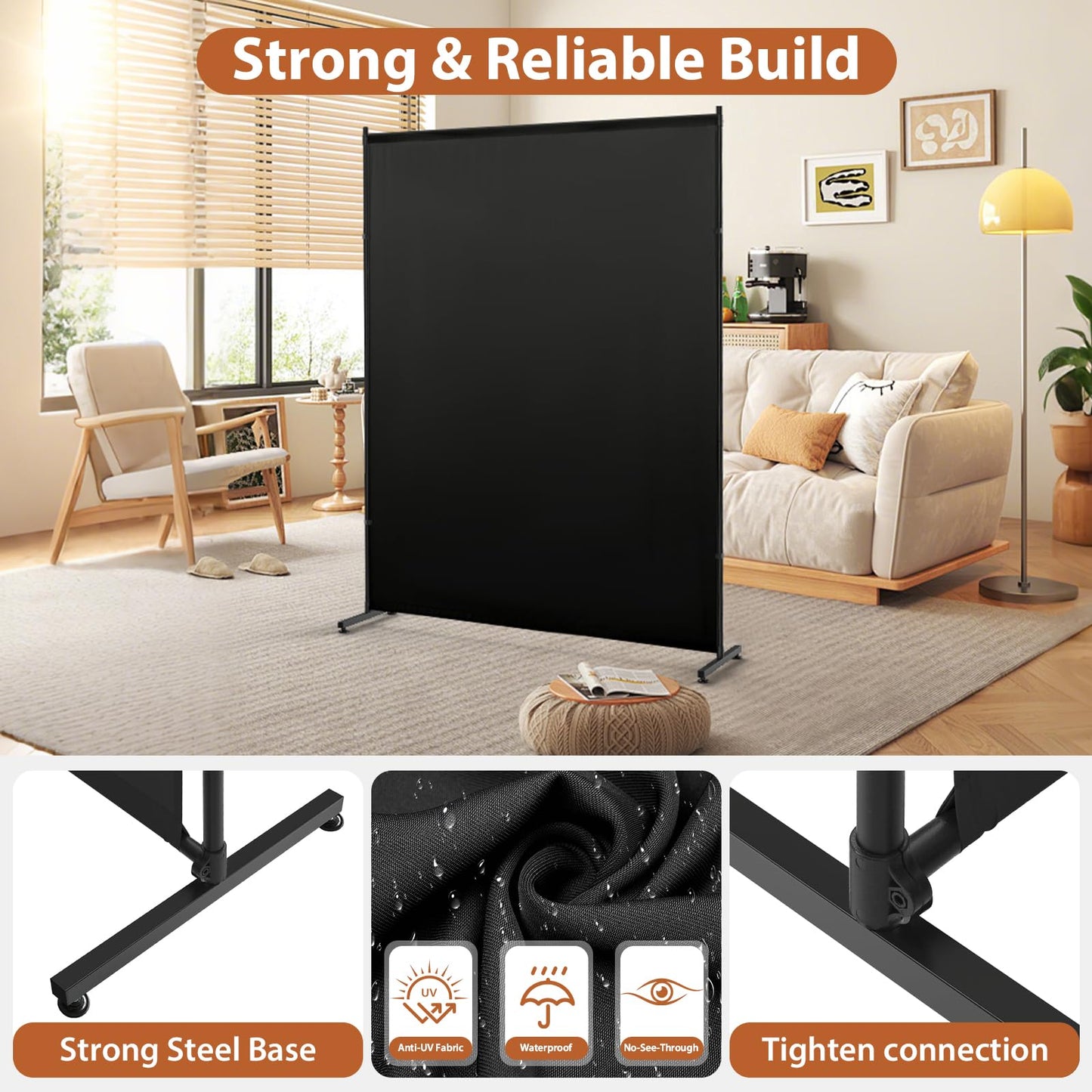 Room Divider Single Panel, 5FTX6FT Compact Privacy Screen with Thick Fabric,Temporary Partition Wall for Room Separation, Portable for Studio Apartment, Bedroom,Home Office,Black