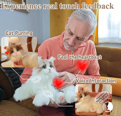 Chongker Interactive Companion Robot Cat Pets, Handmade Weighted Stuffed Animals, Cat Plush Toy with Voice Response, Realistic Heartbeat and Purring, Ragdoll Cat