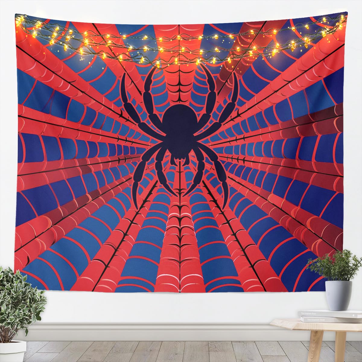 Spider Web Kids Tapestry,Black Spider Arachnid Insect Animals Wall Tapestries,Boys Girls Women Men Room Decor,Western Halloween Wall Hanging,Red Blue Chic Home Wall Decor,Medium 59.1 x 59.1 Inches