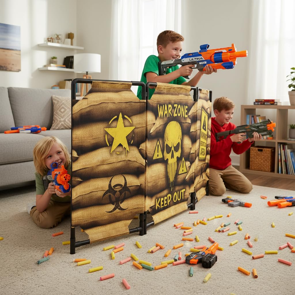 SINCOLINE 2-Pack Tactical Bunker & Foam Blaster Target 59x34” Combat Battle Zone Bunker Fort, Compatible with Laser Tag, Water Gun & Birthday Activities, Foldable Wall for Active Play
