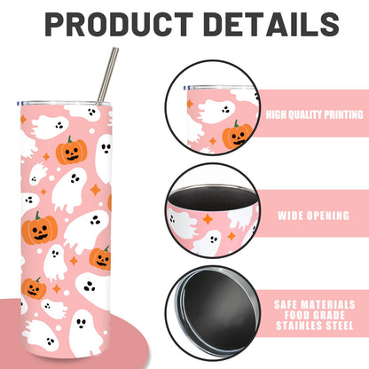 JarThenaAMCS Halloween Tumbler with Straw Lid Pink Boo Ghost Pumpkin Stainless Steel Cup for Birthday Baby Shower Trick or Treat Party Gifts, 20 Oz