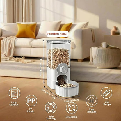 Auto Gravity Food Dispenser for Cage Hanging, 41OZ Capacity Hanging Automatic Pet Cage Feeder, Food Bowl for Cats Dogs Rabbit Ferret Chinchilla Bird Hedgehog Guinea Pig (White)