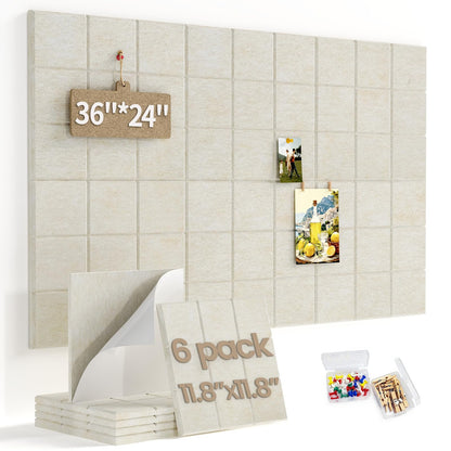 Large Felt Bulletin Board for Walls: 6-Pack Black Cork Board Alternative 11.8x11.8 Inch Peel and Stick Pin Board Wall Decor for Home Organization, Office Memo Board, Self-Adhesive Wall Tiles