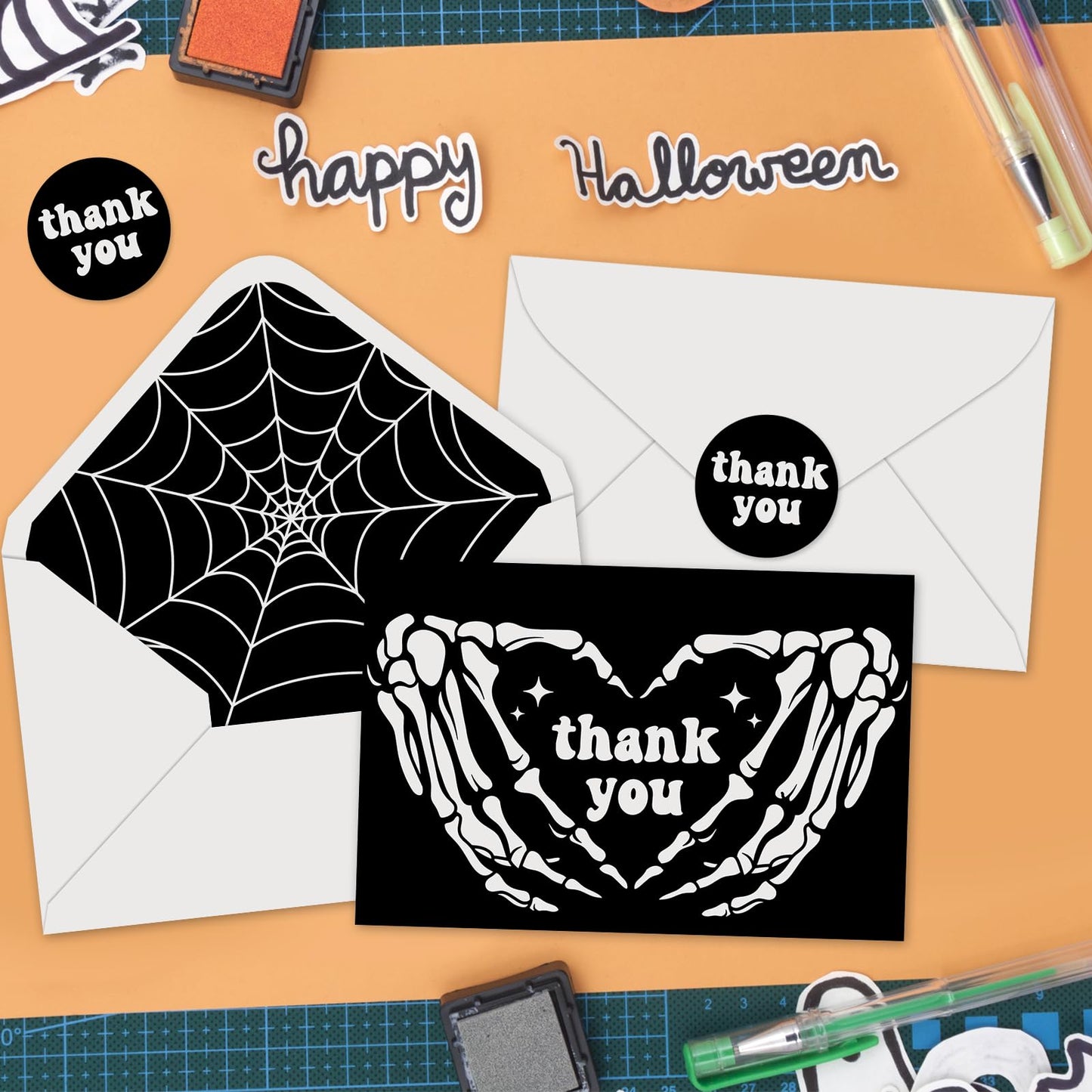 JarThenaAMCS 24Pcs Halloween Thank You Cards with Envelopes and Stickers Skeleton Hands Greeting Cards White Black Blank Note Cards for Halloween Party Supplies