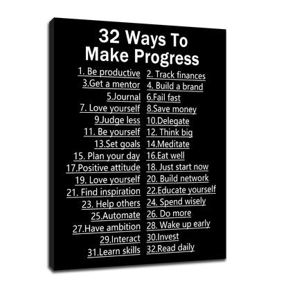 DINGFUN Inspirational Posters for Office 32 Ways to Make Progress Canvas Wall Art, Black White List Quote Single Panel Wall Decor for Home Office Dorm Classroom 24x18 Inch