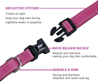 FURRYFECTION Reflective Dog Collar and Leash Set with Quick Release Buckle, Padded with Neoprene, Adjustable Nylon for Small, Medium and Large Dogs (Large Collar + 5FT Leash, Hot Pink)