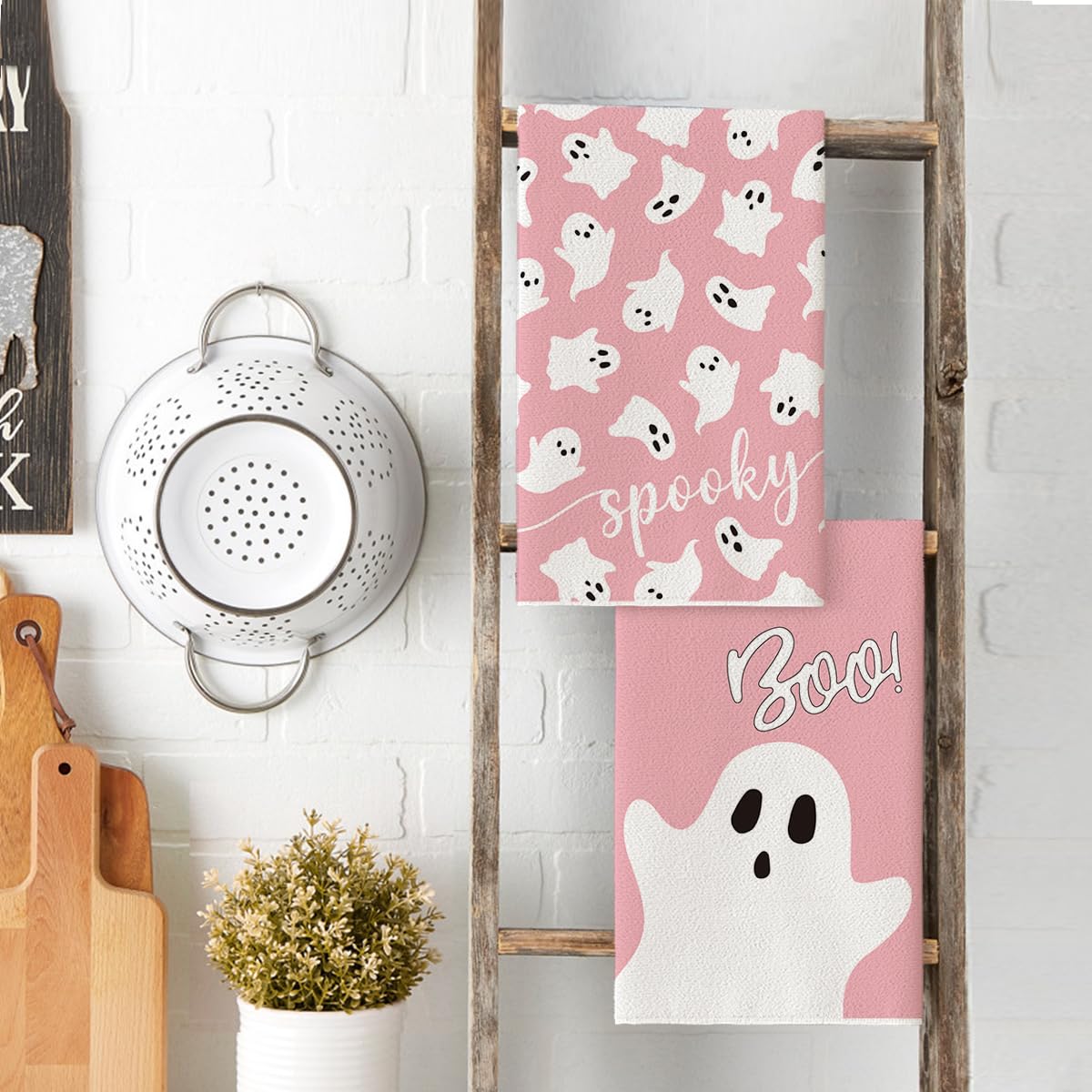 Artoid Mode Pink Ghost Spooky Halloween Kitchen Towels Dish Towels, 18x26 Inch Boo Decoration Hand Towels Set of 2