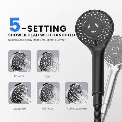 Wide Rain Shower Head With 5 Modes Handheld Showerheads, High Pressure Showerhead Combo with Extension Arm for Bathroom Accessories, Adjustable Shower Head with Anti-Clog Nozzles (Black)