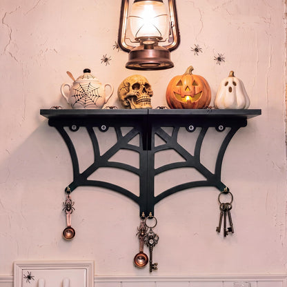 Glenmal 20 Inch Halloween Spider Web Shelf Hang Separately or Together, Goth Room Decor Wood Spooky Hanging Gothic Decor Black Wall Floating Shelves with Hooks for Halloween Bedroom Home Kitchen Party