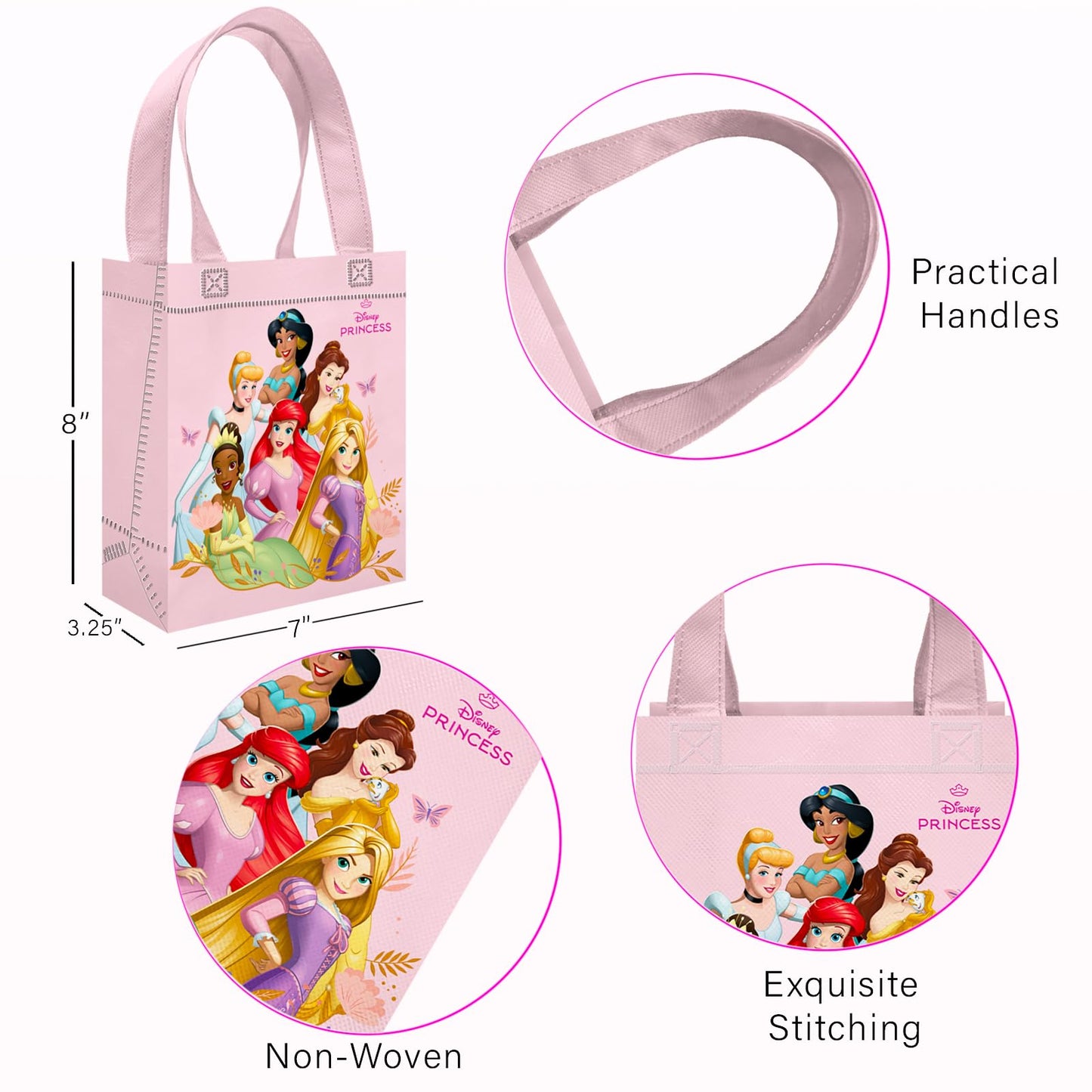 Disney Princess Party Favor Bag Set – 12 Pack of 8" Princess Party Goodie Bags for Kids Bulk Reusable Mini Totes | Disney Birthday Party Supplies