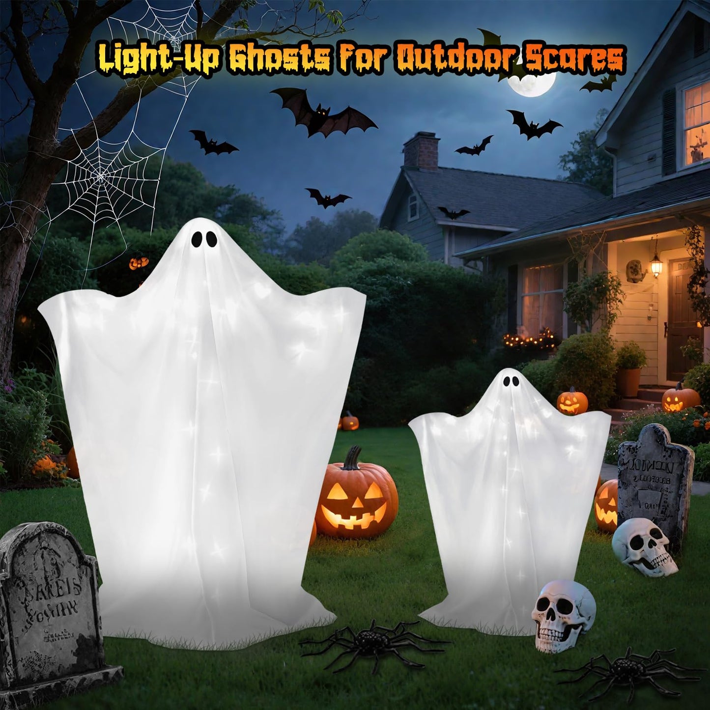 2 Pack Halloween Ghosts Outdoor Large 60'' & 36'' White Outdoor Ghost Decorations with String Lights Scary Ghosts Halloween Decorations Light Up Ghost Kit for Garden Porch Yard Party (White)
