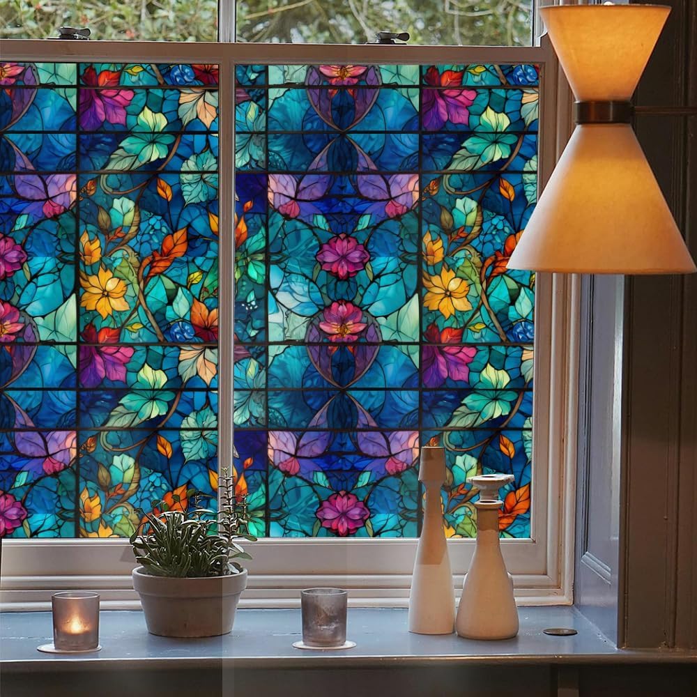 Purple Blue Pink Flower Leaf Stained Glass Window Films Decorative Double-Side Privacy Film Self-Adhesive Static Clings for Living Room Bathroom Decor