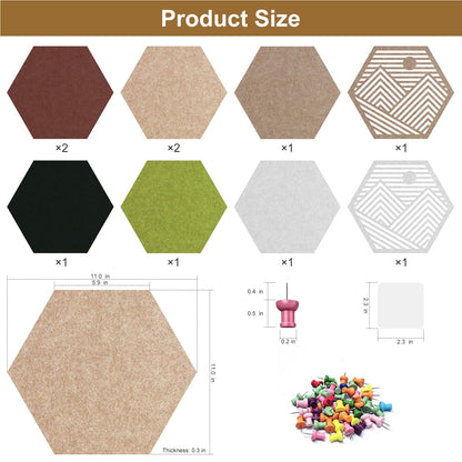 Ghegicu 10PCS 11.8" Large Hexagon Felt Cork Board Tiles, Geometric Modular Bulletin Boards with 50 Pushpins, 35 Adhesive Tabs for Office School Home Wall Decor Stickers Memos Photos Display (Hexagon)