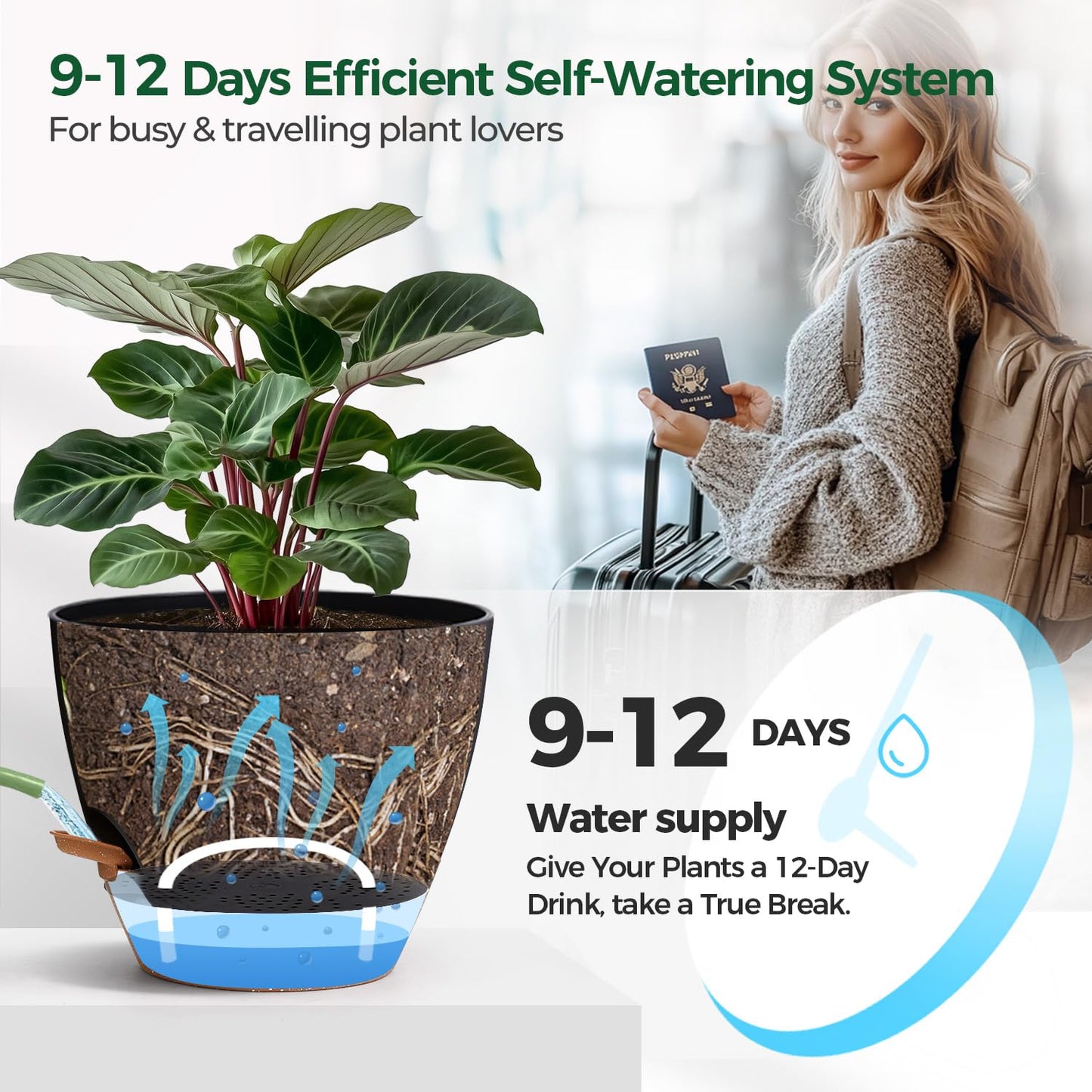 T4U 3 Pack Self Watering Pots (8"+10"+12") - Water Level Indicator & Deep Reservoir, Mess-Free Planters for Busy People, Beginners & Gardeners, Fits Pothos to Monstera, Indoor Outdoor Use (Black)