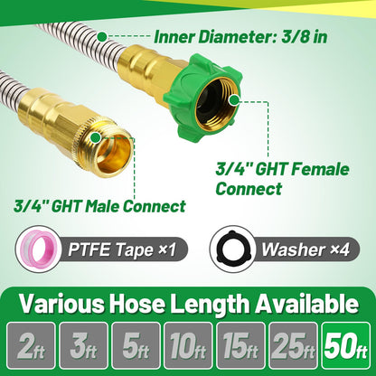 Garden Hose with Male to Female Connector - 50 ft Metal Leakproof Water Pipe, Kink-free 304 Stainless Steel Hose for Outdoor Garden Watering Car Pet Cleaning