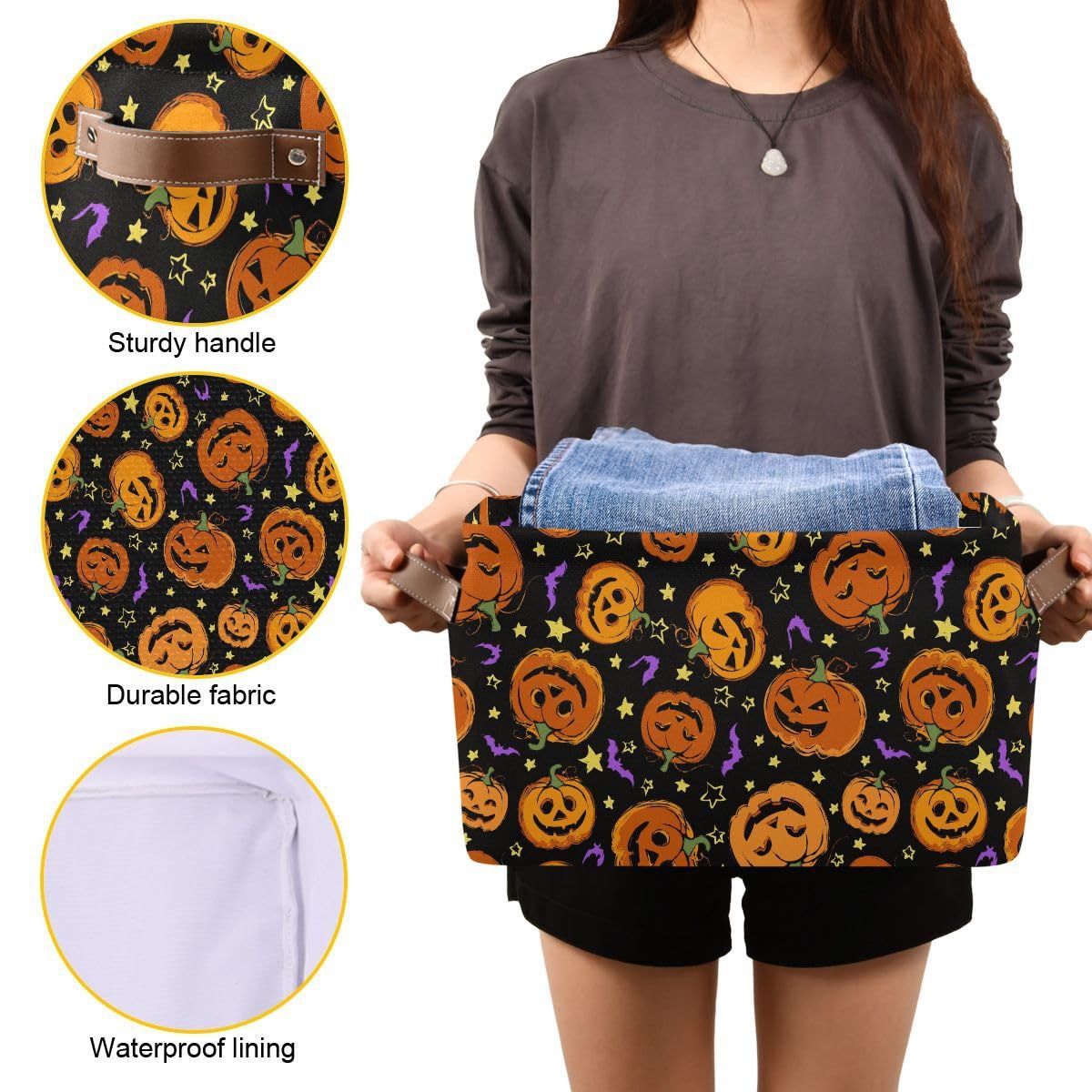 Halloween Pumpkin Spooky Storage Basket Fabric Kitchen Baskets Purple Bat Black Open Home Storage Bins Boxes Foldable Organizer Bag for Baby Cloth Pet Toy Book Shelf Closet Baskets 16×12×8 Inches