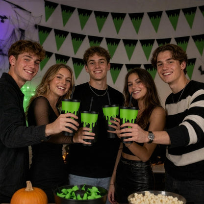 Acellegic 12 Pcs Halloween Party Decorations Green and Black Plastic Gifts Cups with Lids and Straws Reusable 24 oz Ghost Plastic Tumblers Bulk for Halloween Birthday Party Favors Decoration Supplies
