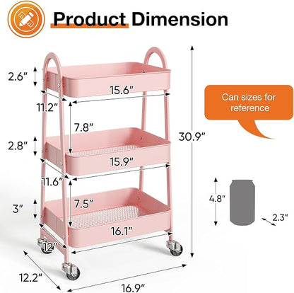 NEWBULIG 3-Tier Metal Rolling Storage Cart, Heavy Duty Mobile Utility Organizer Shelf with Lockable Wheels, Multifunctional Trolley for Daily Supplies, Home Indoor Daily Use, Pink