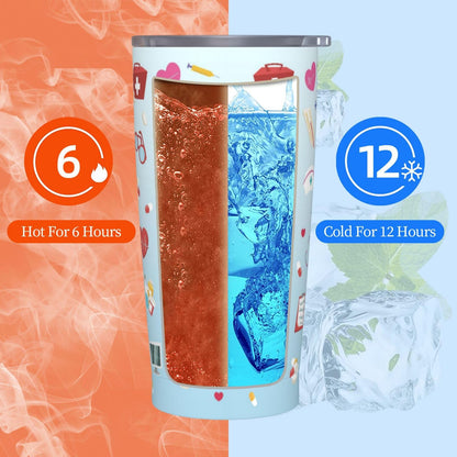 TOUNHEYA Nurse Tumbler with Lid and Straw Blue 20oz Insulated Stainless Steel Cup Blue White Travel Coffee Mug Water Bottle for Women Gift for Birthday Christmas