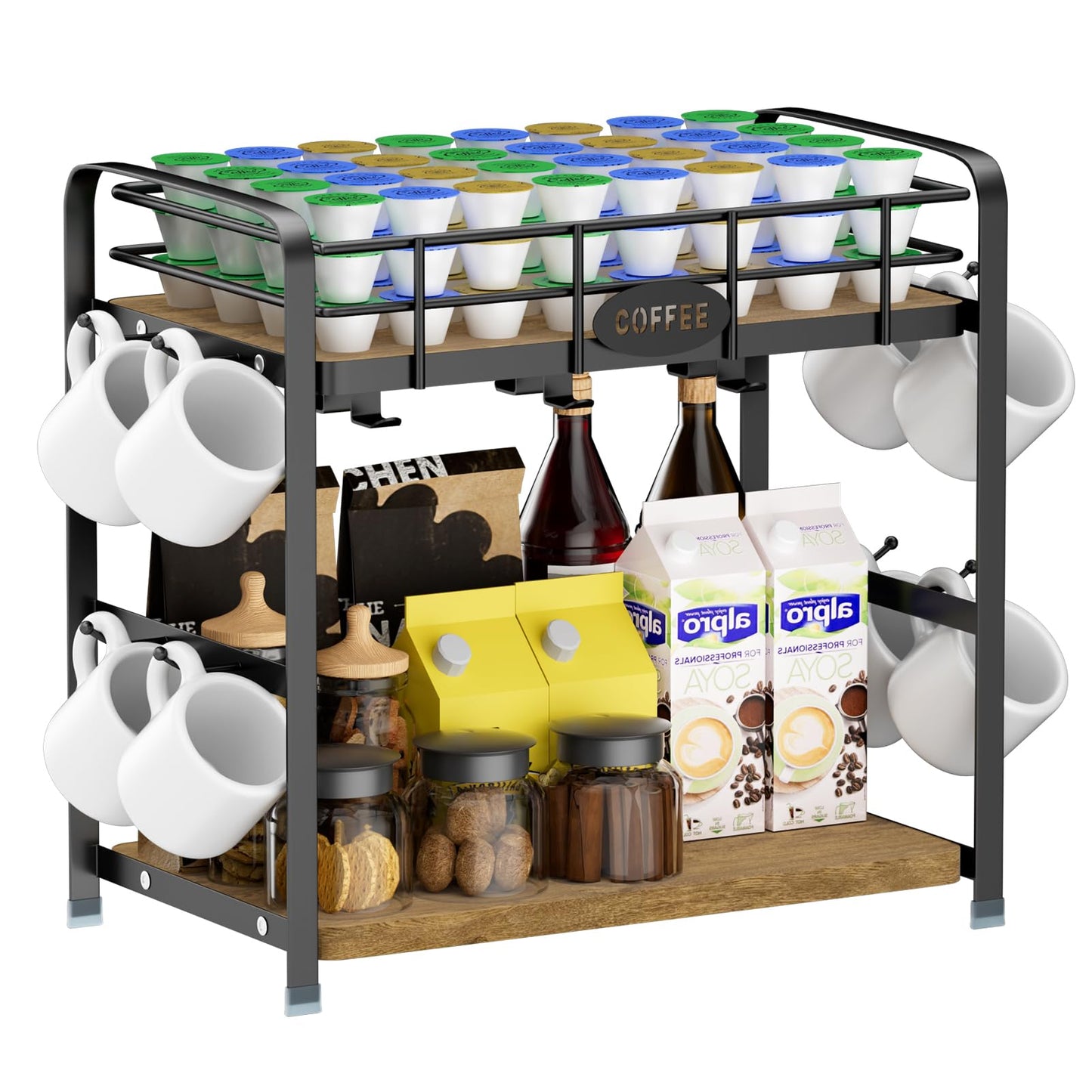 Vivise Coffee Bar Organizer Coffee Cup Holder 2 Tier Mug Stand Rack for Countertop Kitchen Storage with 14 Hooks