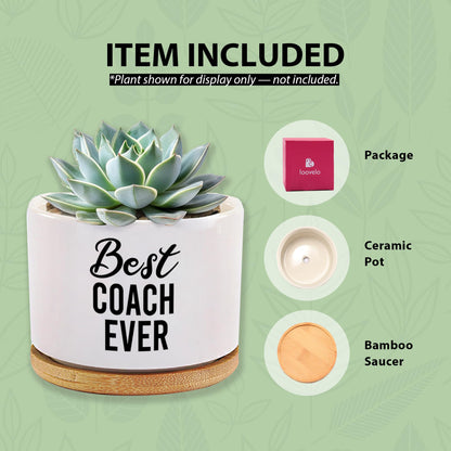 Best Coach Ever Coach Gifts Ceramic Succulent Plant Pot with Bamboo Tray Round Sports Gym Instructor Basketball Volleyball Football Soccer Home Office Decor Plant Lover 3.5 Inch White (No Plants)