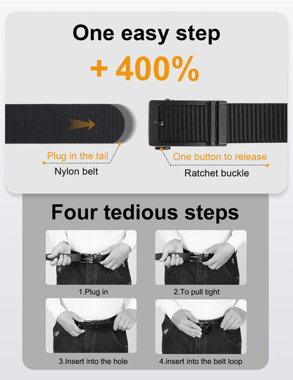 JUKMO Ratchet Belt for Men, Nylon Web Tactical Belt with Automatic Slide Buckle (Black, Medium)
