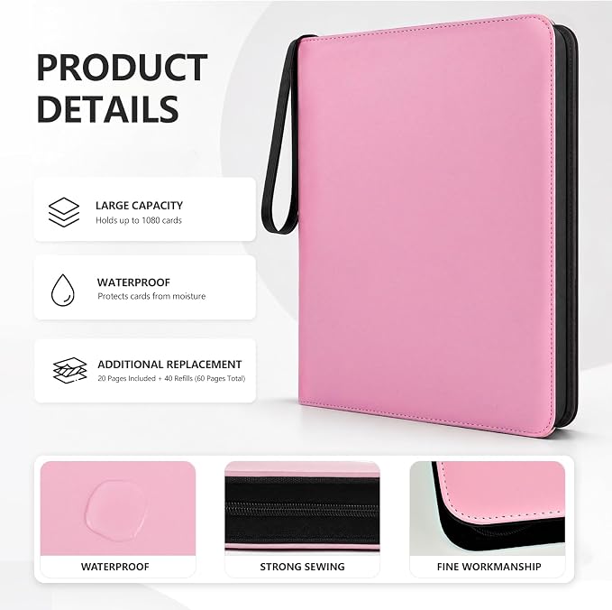 9 Pocket Trading Card Zip Binder - Holds 1080 Cards, 60 Pages Large-Capacity,Double-Sided Removable Sleeves, Suitable for Game Cards/Sports Cards Storage,Pink
