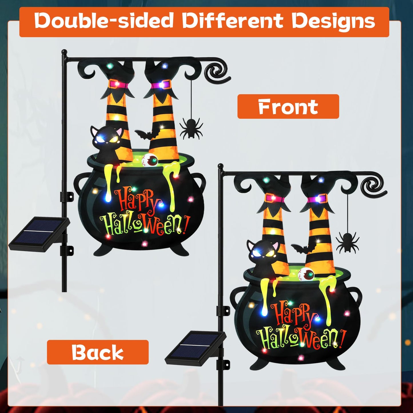 Halloween Lighted Garden Flag 12x18 Inch Witch Feet Shaped Flags 8 Modes Double Side LED Solar Yard Flags Cauldron Eyeball Black Cat Decorations for Garden Patio Yard Lawn Outside Home Decor