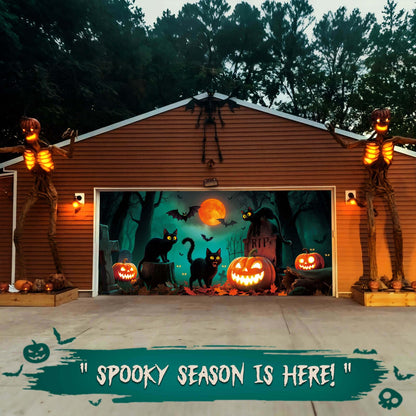 YUSPENYE Halloween Garage Door Decorations with Black Cats Design, Durable Halloween Garage Door Banner for Double Garage Doors 7x16 ft, Outdoor Party Backdrop