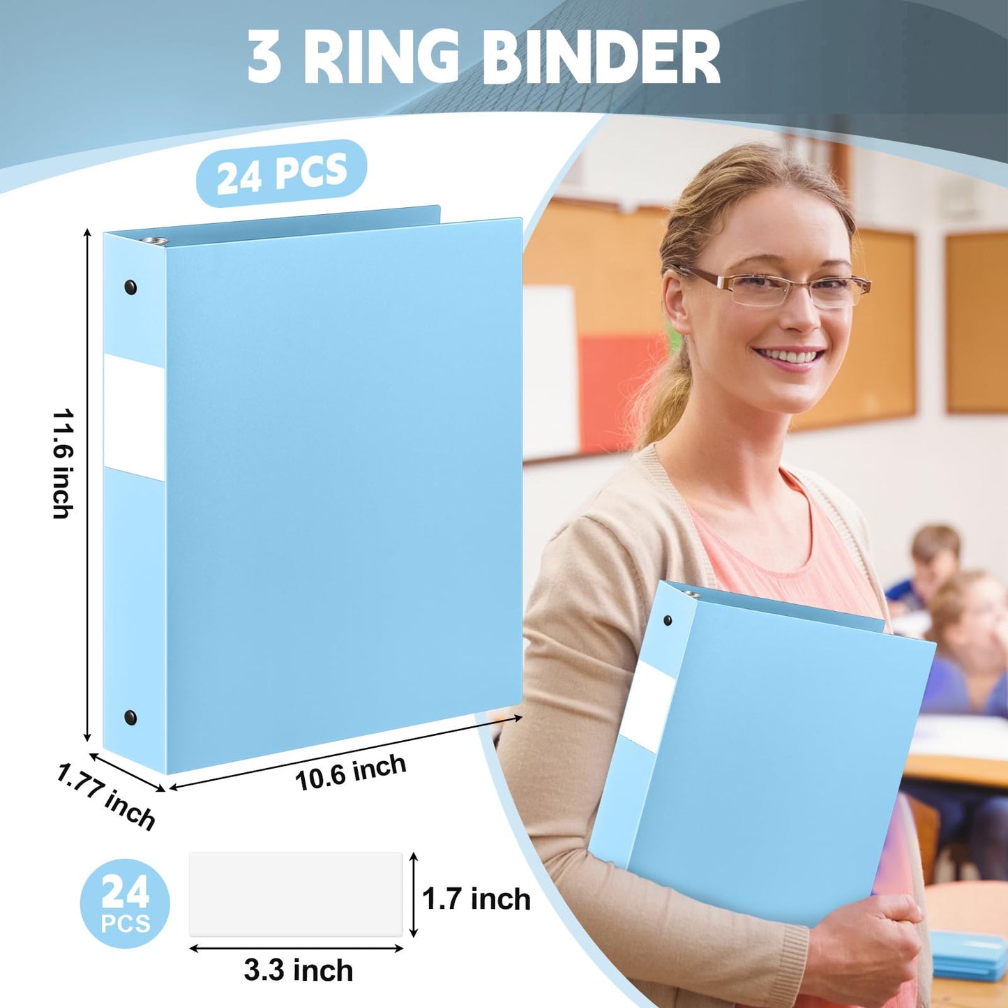 Henoyso 24 Pcs Light Blue 1.5" 3 Ring Plastic Binder Bulk, 1 1/2 Inch Soft Flexible Binders Round Rings, Fits Letter Size 8.5'' x 11'' Paper, Holds 350 Sheets, for School Office (1.5 Inch)