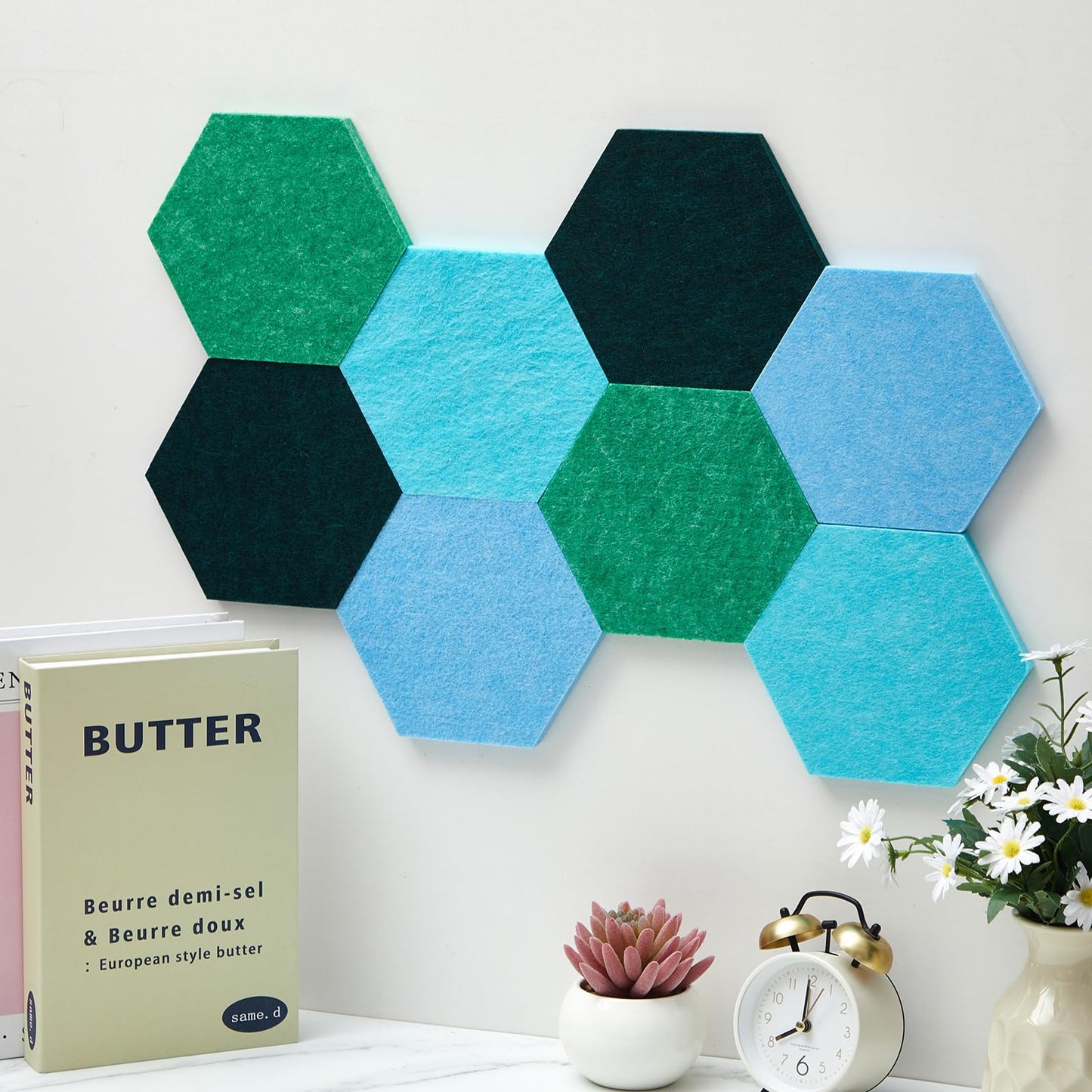 Mindsoft 16 Pcs Hexagon Cork Board for Walls with 50 Wooden Push Pins 6.7 x 5.9 in Felt DIY Tiles Notice with Nano Tape Hanging Bulletin Board for Home Photo Office Memo Note(Turquoise)