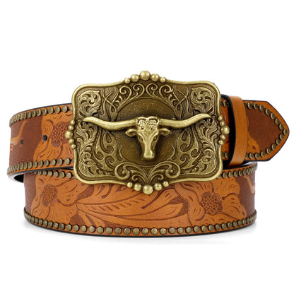 SUOSDEY Women Western Leather Belt, Cowboy Cowgirl Belt for Jeans Pants Longhorn Bull Big Buckle Belt brown