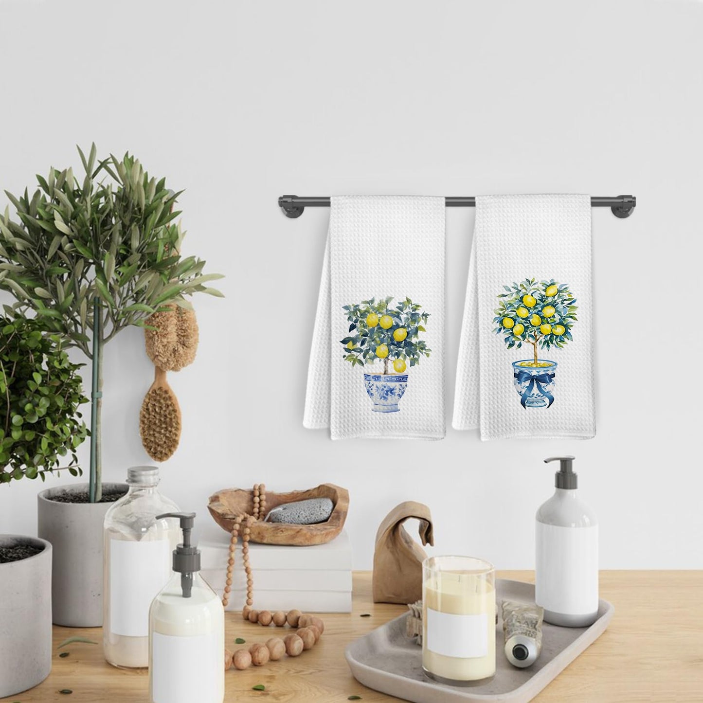 KFXHANGD Lemon Kitchen Towels and Dishcloths Set of 2, Lemon Kitchen Decor, Lemon Dish Towels, Chinoiserie Bow Decorative Hand Tea Towels for Farmhouse Bathroom Kitchen,16×24 Inch