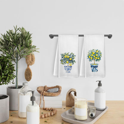 KFXHANGD Lemon Kitchen Towels and Dishcloths Set of 2, Lemon Kitchen Decor, Lemon Dish Towels, Chinoiserie Bow Decorative Hand Tea Towels for Farmhouse Bathroom Kitchen,16×24 Inch