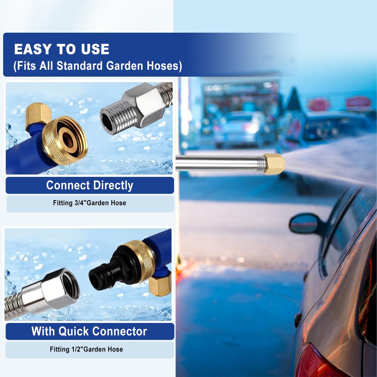 Yiliaw High Pressure Power Washer Wand With 3 Sprayer Nozzle, 38 Inch Garden Hose Nozzle Sprayer Flexible Watering Wand for Gutter Patio Car Pet Plants Window Cleaning Tool (Blue)