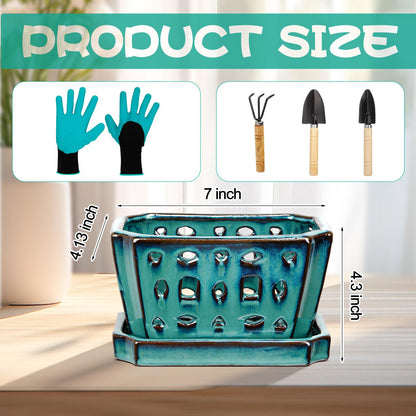 Teenyyou 1 Set Orchid Pot with Holes 7 Inch Ceramic Orchid Pot with Saucers for Repotting Amaryllis Flower Planter Include Gardening Shovel Set and Gloves for Home Decor(Green)
