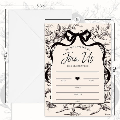 Whaline 25 Pack Black Bow Floral Invitations with Envelopes Stickers Vintage Bowknot Flower Invitation Cards Blank Invites for Coquette Celebration Party Supplies, 5 x 7 Inch