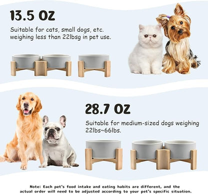 SPUNKYJUNKY 15° Slanted Ceramic Dog and Cat Bowl with Wooden Stand, Tilted Bulldog Food and Water Bowl No Slip Non-Spill for Cats Medium Dogs Big Face Pets 28.7 OZ (3.6 Cups, Grey × 2)