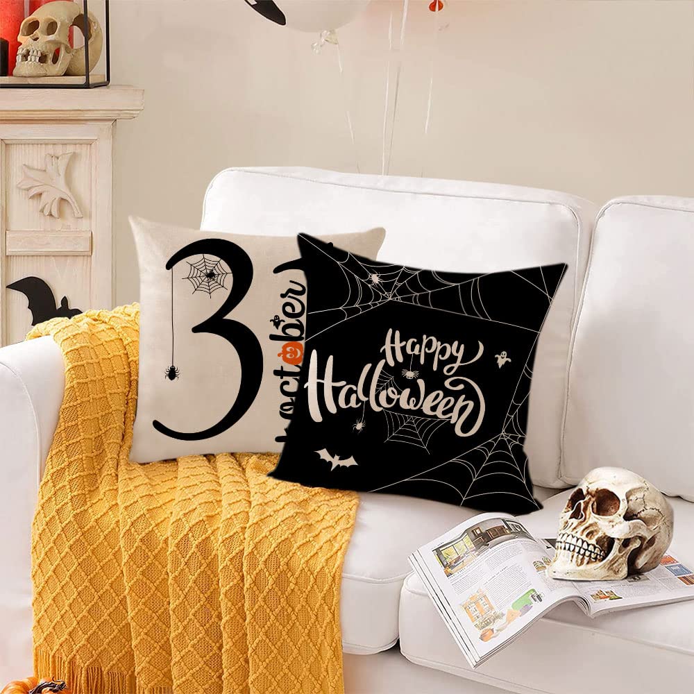 Neatee Living Halloween Pillow Covers 16x16 Set of 4 Trick or Treat Decorative Throw Pillows Cover Black Spider Webs Pillow Cases Home Outdoor Sofa Couch Cushion Covers for Halloween Decor (16 by 16)