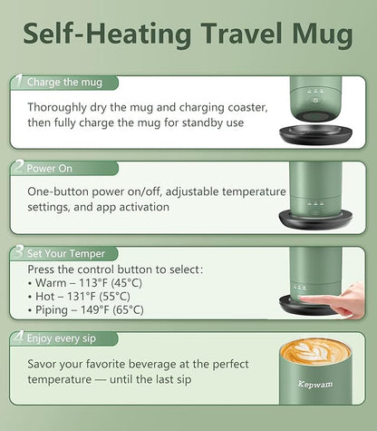 Kepwam Self-Heating Travel Mug 20oz, Temperature-Controlled Coffee Warmer Mug, Smart Travel Coffee Mug Keep Coffee Drinks Hot, Heated Mug Great for Driver Outdoor Fits Car Cup Holders