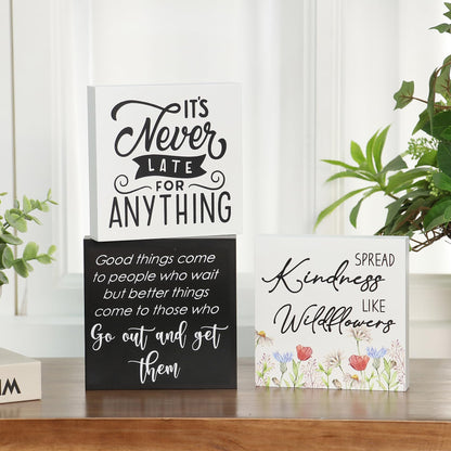 3 Pcs Inspirational Wood Box Sign Set, 5x5 Inches Motivational Quotes Wooden Blocks, Rustic Table Centerpiece Decorations